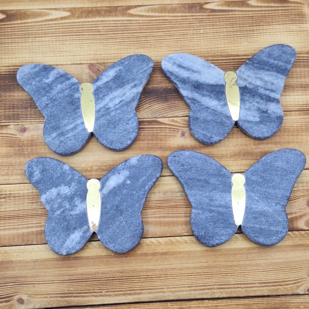 Coasters (4)‎ Marble Brass Inlay Butterflies Natural Stone MCM Natural Stone